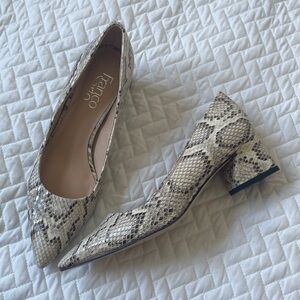 Franco Sarto Cream and Black Snakeskin Heels